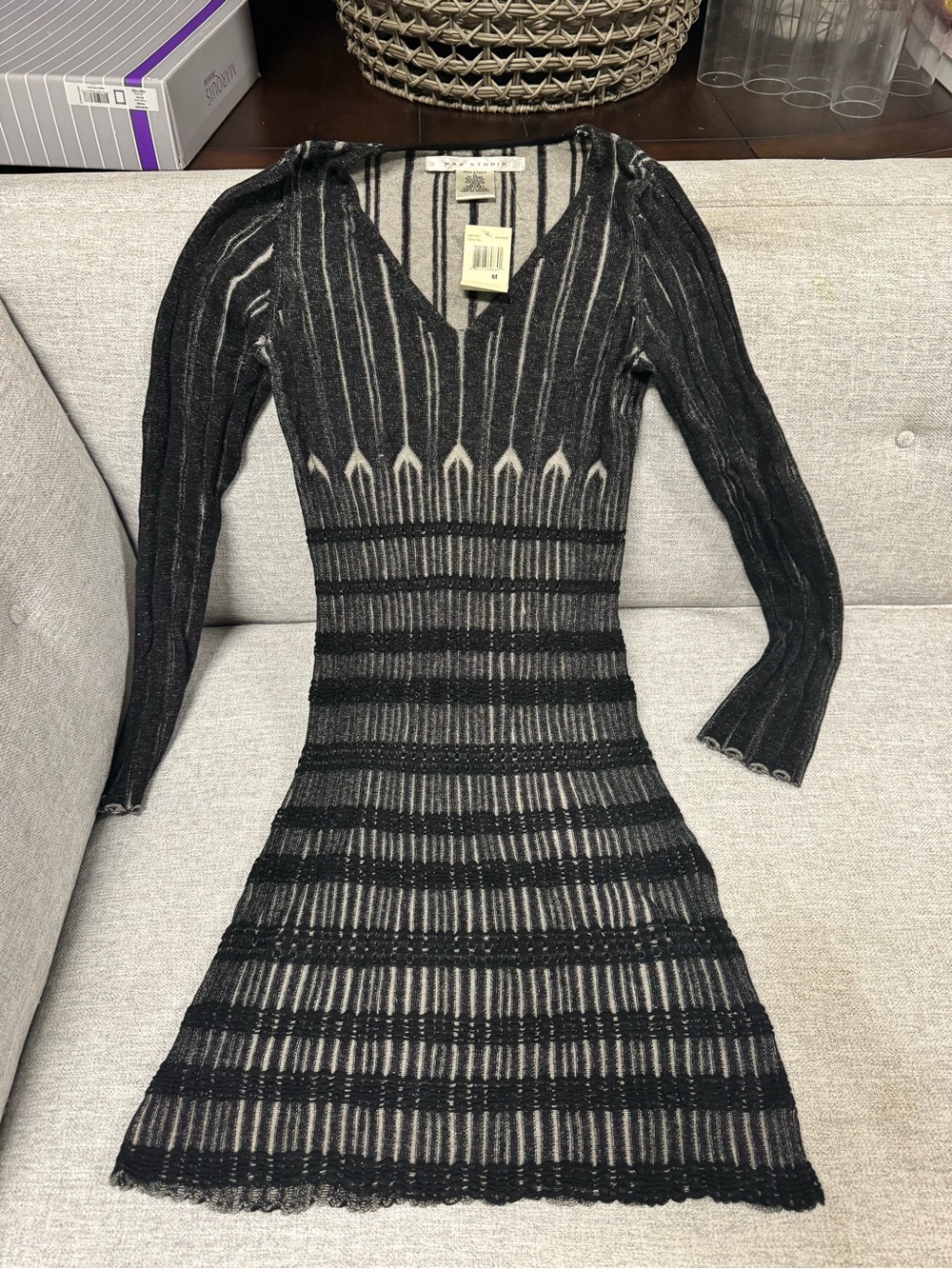 Max Studio Black Sheer Striped V-Neck Asymmetrical Dress